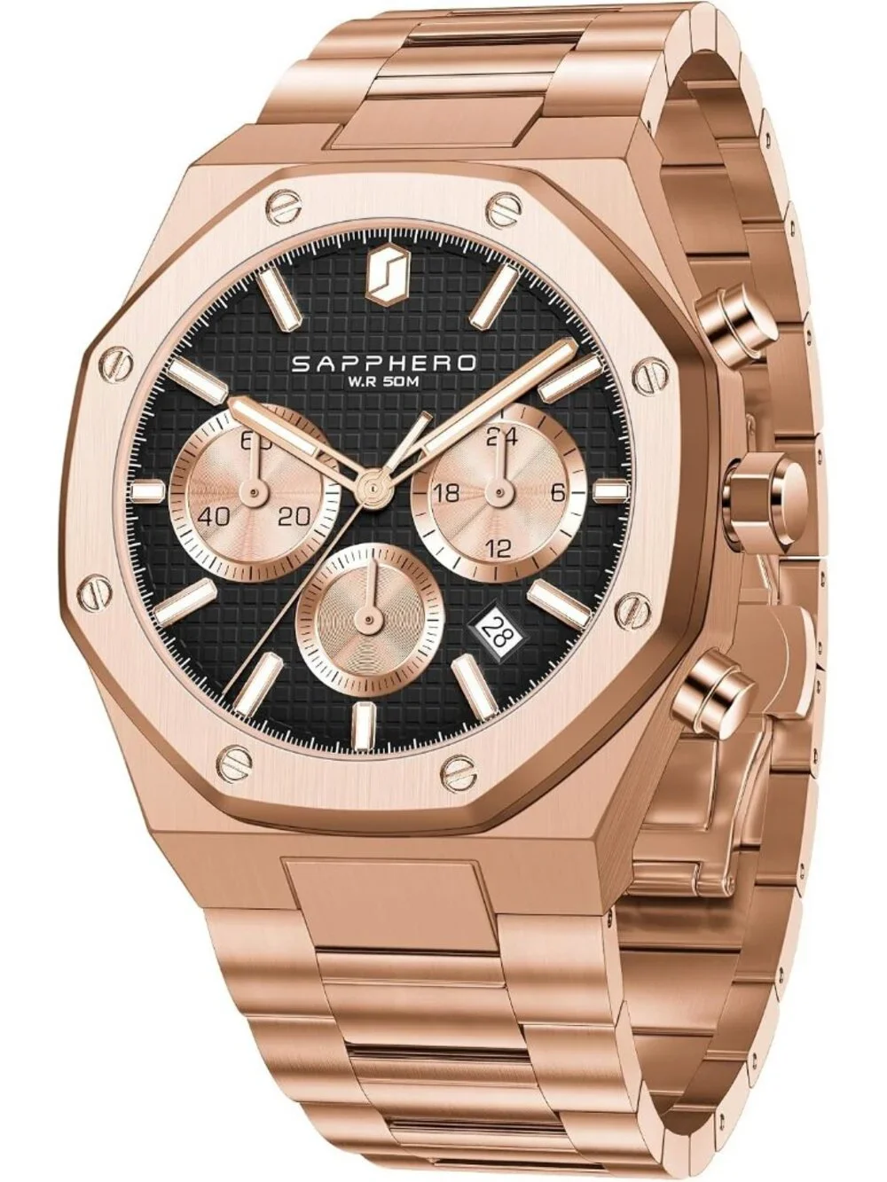 Men's Rose Black Chronograph Quartz Movement Stainless Steel Luxury Wrist Watch